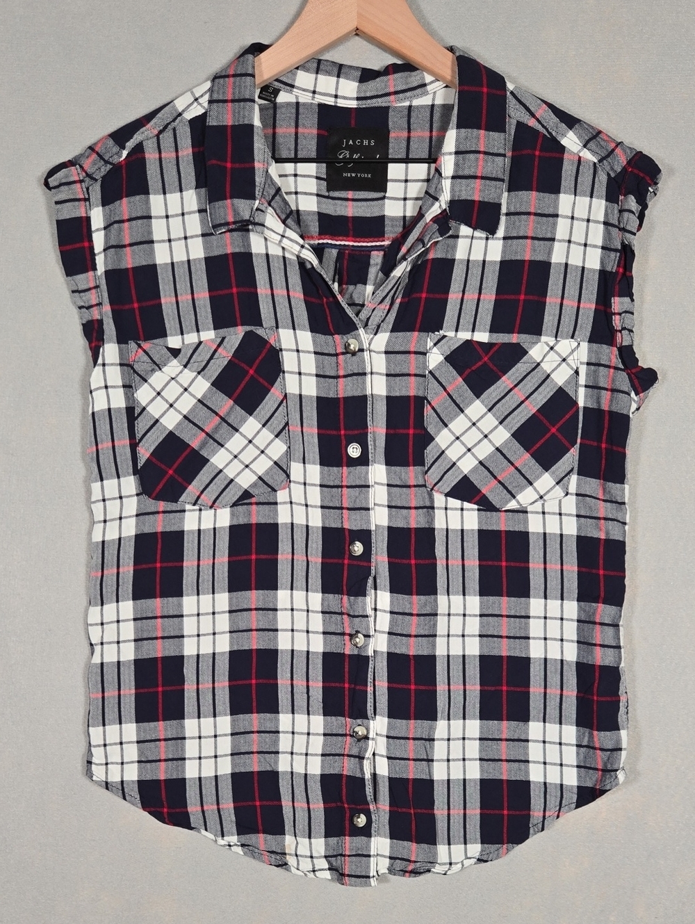 JACHS Girlfriend Navy, White & Red Plaid Button-Down Sleeveless Shirt Size Small